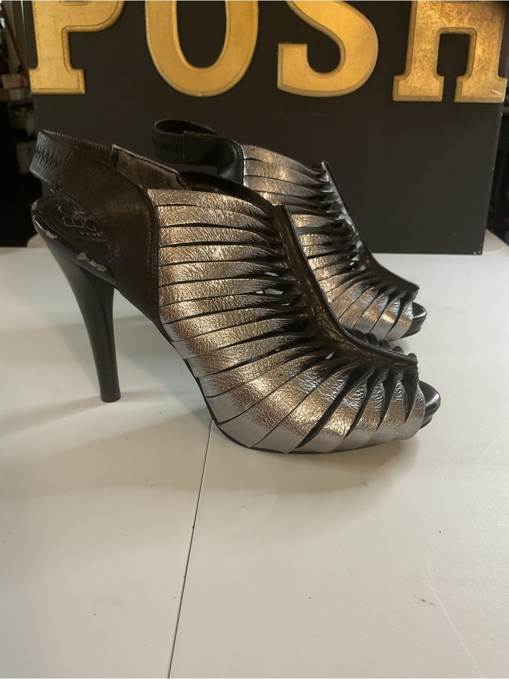 BCBGeneration Silver and Black Strappy Peep-Toe Slingback Heels